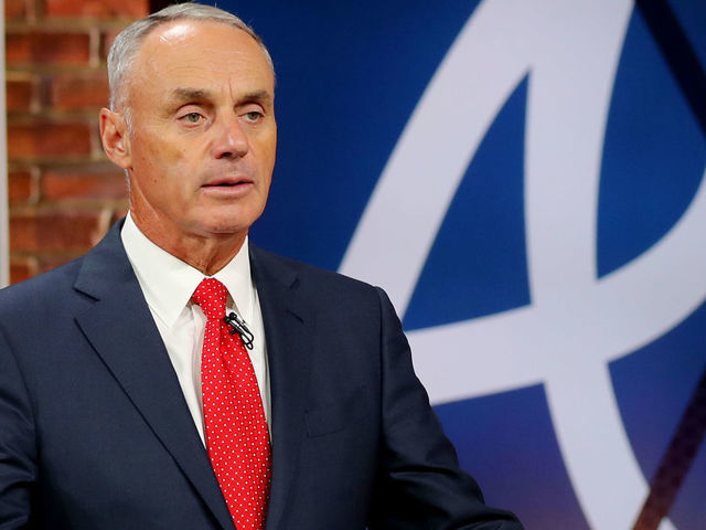 SECAUCUS, NJ - JUNE 10: Major League Baseball Commissioner Robert D. Manfred Jr. announces the 25th pick of the 2020 MLB Draft is Jared Shuster by the Atlanta Braves during the 2020 Major League Baseball Draft at MLB Network on Wednesday, June 10, 2020 in Secaucus, New Jersey.