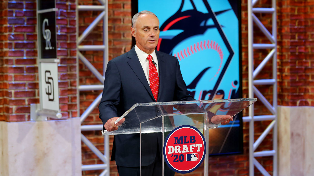 SECAUCUS, NJ - JUNE 10: Major League Baseball Commissioner Robert D. Manfred Jr. announces the third pick in the 2020 MLB Draft is Max Meyer by the Miami Marlins during the 2020 Major League Baseball Draft at MLB Network on Wednesday, June 10, 2020 in Secaucus, New Jersey.