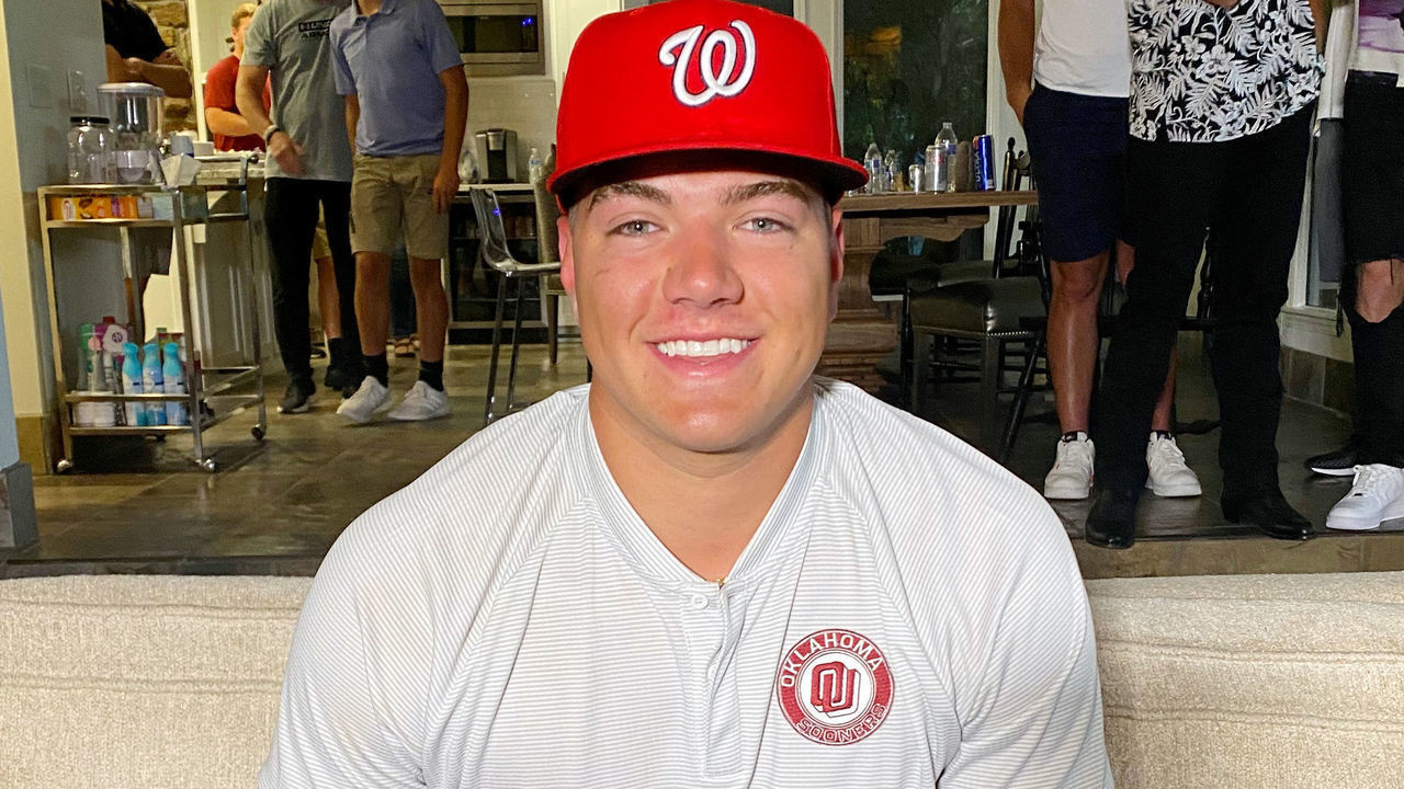 SECAUCUS, NJ - JUNE 10: Cade Cavalli poses for a photo with a Nationals hat after being drafted 22nd overall by the Washington Nationals during the 2020 Major League Baseball Draft at MLB Network on Wednesday, June 10, 2020 in Secaucus, New Jersey.
