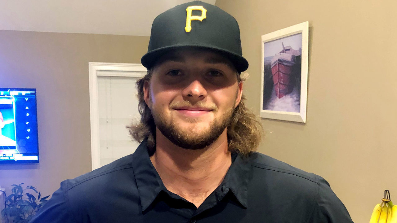 SECAUCUS, NJ - JUNE 10: Carmen Mlodzinski poses for a photo with a Pirates hat after being drafted 31st overall by the Pittsburgh Pirates during the 2020 Major League Baseball Draft at MLB Network on Wednesday, June 10, 2020 in Secaucus, New Jersey.