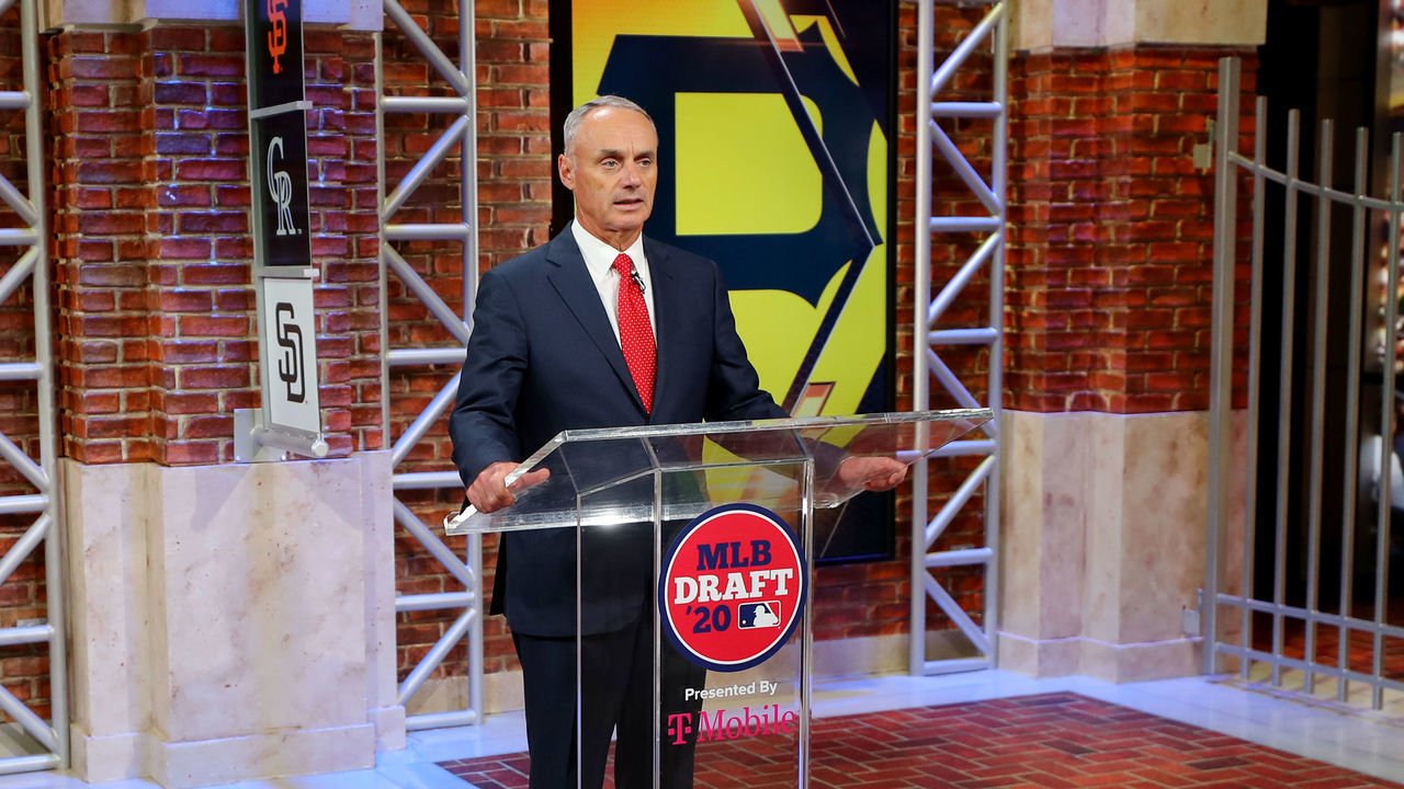 SECAUCUS, NJ - JUNE 10: Major League Baseball Commissioner Robert D. Manfred Jr. announces the 31st pick of the 2020 MLB Draft is Carmen Mlodzinski by the Pittsburgh Pirates during the 2020 Major League Baseball Draft at MLB Network on Wednesday, June 10, 2020 in Secaucus, New Jersey.