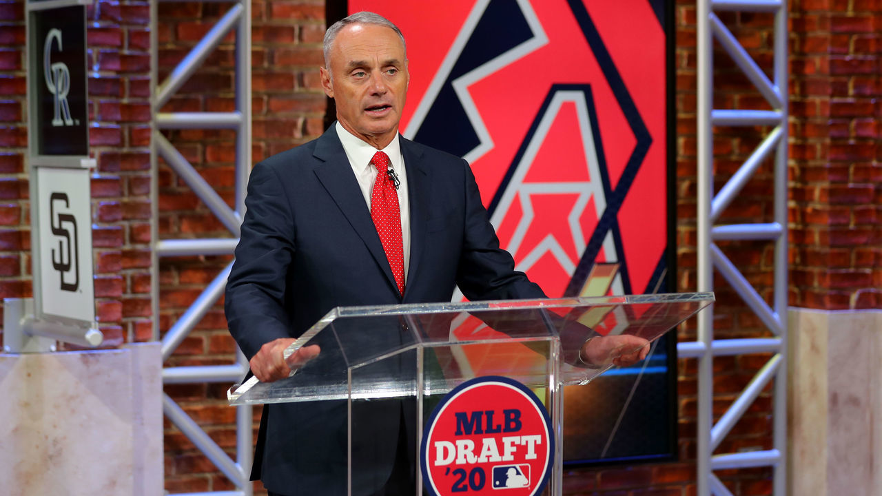 SECAUCUS, NJ - JUNE 10: Major League Baseball Commissioner Robert D. Manfred Jr. announces the 18th pick of the 2020 MLB Draft is Bryce Jarvis by the Arizona Diamondbacks during the 2020 Major League Baseball Draft at MLB Network on Wednesday, June 10, 2020 in Secaucus, New Jersey.