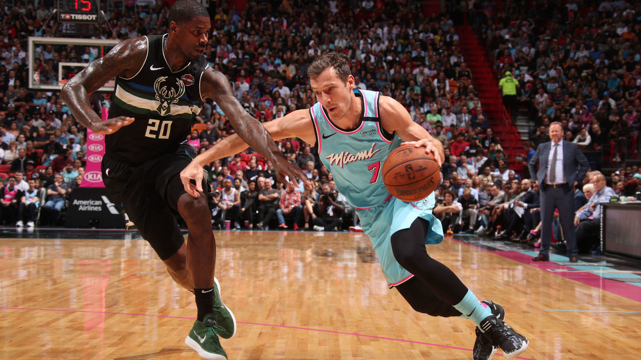 MIAMI, FL - MARCH 2: Goran Dragic #7 of the Miami Heat drives to the basket against the Milwaukee Bucks on March 02, 2020 at American Airlines Arena in Miami, Florida. Mandatory Copyright Notice: Copyright 2020 NBAE