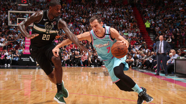 MIAMI, FL - MARCH 2: Goran Dragic #7 of the Miami Heat drives to the basket against the Milwaukee Bucks on March 02, 2020 at American Airlines Arena in Miami, Florida. Mandatory Copyright Notice: Copyright 2020 NBAE