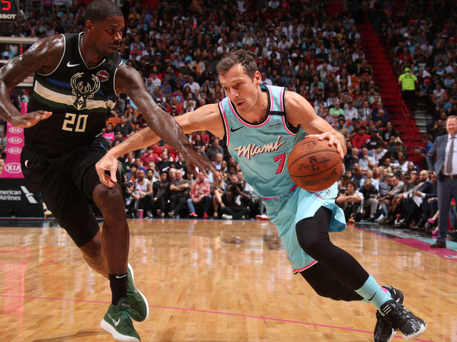 MIAMI, FL - MARCH 2: Goran Dragic #7 of the Miami Heat drives to the basket against the Milwaukee Bucks on March 02, 2020 at American Airlines Arena in Miami, Florida. Mandatory Copyright Notice: Copyright 2020 NBAE