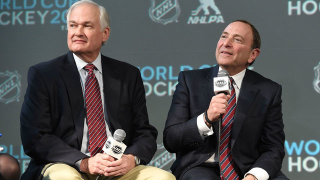COLUMBUS, OH - JANUARY 24: NHLPA Executive Director Donald Fehr (L) and NHL Commissioner Gary Bettman speak onstage during the 2015 NHL All-Star Weekend Commissioners Press Conference at Nationwide Arena on January 24, 2015 in Columbus, Ohio.