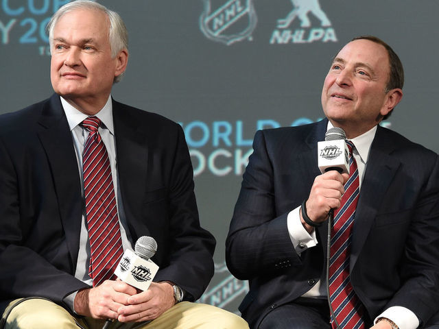 COLUMBUS, OH - JANUARY 24: NHLPA Executive Director Donald Fehr (L) and NHL Commissioner Gary Bettman speak onstage during the 2015 NHL All-Star Weekend Commissioners Press Conference at Nationwide Arena on January 24, 2015 in Columbus, Ohio.