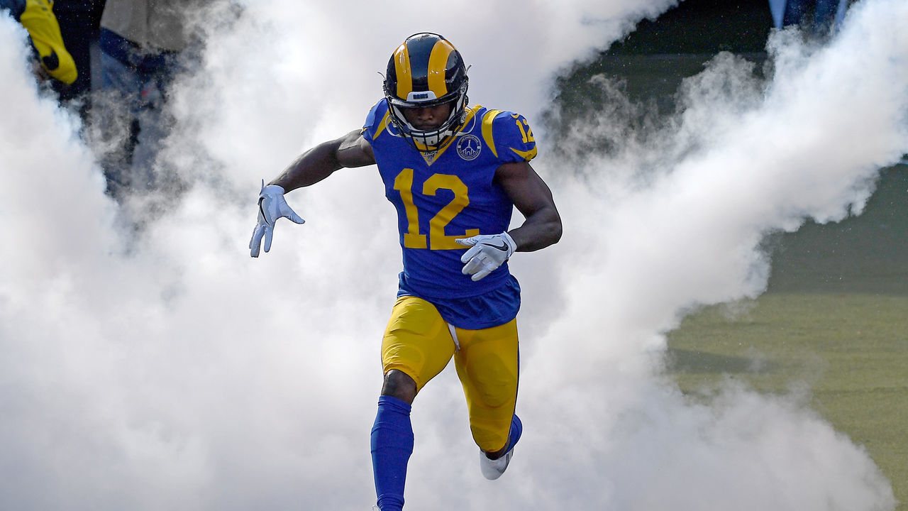LOS ANGELES, CA - DECEMBER 29: Wide receiver Brandin Cooks #12 of the Los Angeles Rams runs on to the field for the game against the Arizona Cardinals at the Los Angeles Memorial Coliseum on December 29, 2019 in Los Angeles, California.