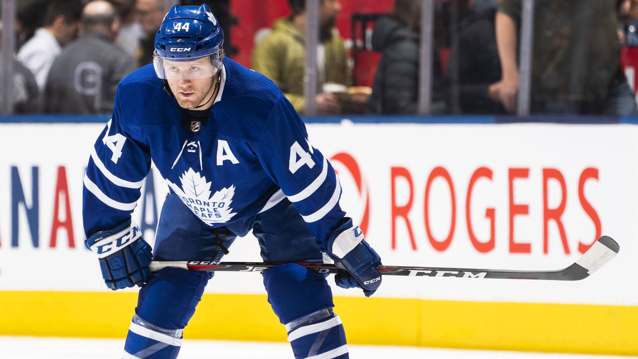 TORONTO, ON - MARCH 10: Morgan Rielly #44 of the Toronto Maple Leafs waits on a face off against the Tampa Bay Lightning during the first period at the Scotiabank Arena on March 10, 2020 in Toronto, Ontario, Canada.