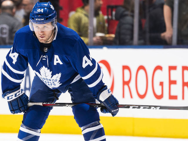 TORONTO, ON - MARCH 10: Morgan Rielly #44 of the Toronto Maple Leafs waits on a face off against the Tampa Bay Lightning during the first period at the Scotiabank Arena on March 10, 2020 in Toronto, Ontario, Canada.