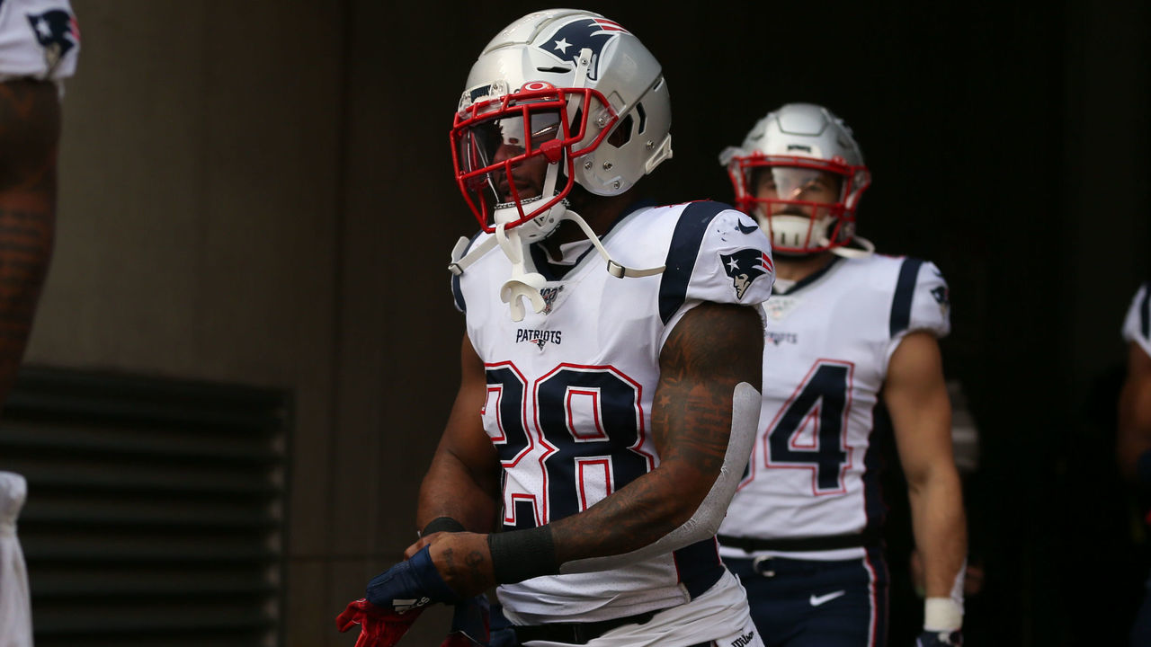 CINCINNATI, OH - DECEMBER 15: New England Patriots running back James White (28) runs onto the field before the game against the New England Patriots and the Cincinnati Bengals on December 15th 2019, at Paul Brown Stadium in Cincinnati, OH.