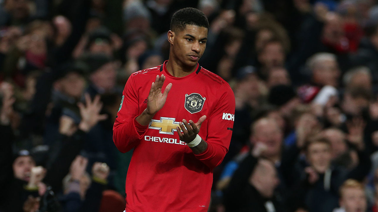 MANCHESTER, ENGLAND - DECEMBER 18: Marcus Rashford of Manchester United celebrates the second goal during the Carabao Cup Quarter Final match between Manchester United and Colchester United at Old Trafford on December 18, 2019 in Manchester, England.