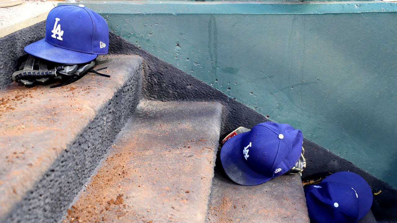 WASHINGTON, DC - OCTOBER 07: Los Angeles Dodgers hats are seen in the dug out before game four of the National League Division Series between the Los Angeles Dodgers and the Washington Nationals at Nationals Park on October 07, 2019 in Washington, DC.