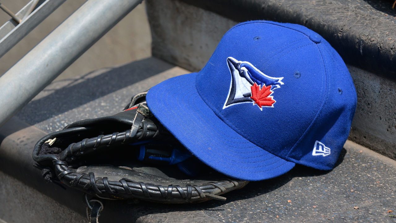 DETROIT, MI - JULY 16: A detailed view of a Toronto Blue Jays baseball hat and glove sitting on the dugout steps during the game against the Detroit Tigers at Comerica Park on July 16, 2017 in Detroit, Michigan. The Tigers defeated the Blue Jays 6-5.