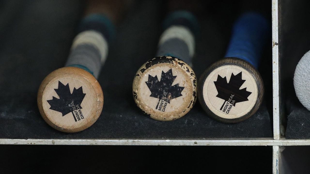 TORONTO, ON - APRIL 1: The Canadian-made bats belonging to Russell Martin #55 of the Toronto Blue Jays rest in the bat rack in the dugout after their victory in MLB game action against the New York Yankees at Rogers Centre on April 1, 2018 in Toronto, Canada. *** Local Caption *** Russell Martin