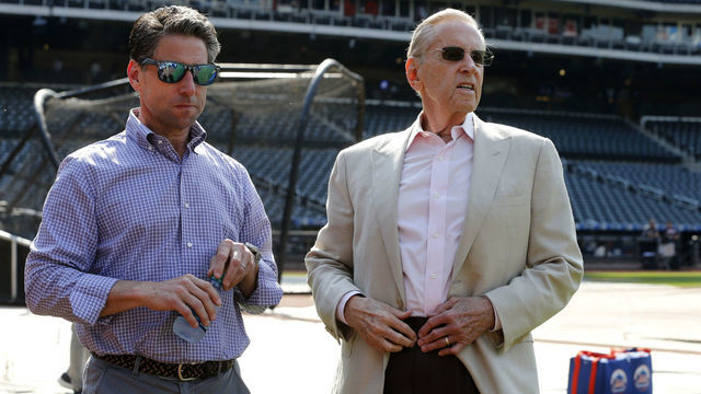 NEW YORK, NEW YORK - JUNE 28: (NEW YORK DAILIES OUT) New York Mets COO Jeff Wilpon (L) and majority owner Fred Wilpon during batting practice before a game against the Atlanta Braves at Citi Field on Friday, June 28, 2019 in the Queens borough of New York City. The Braves defeated the Mets 6-2.