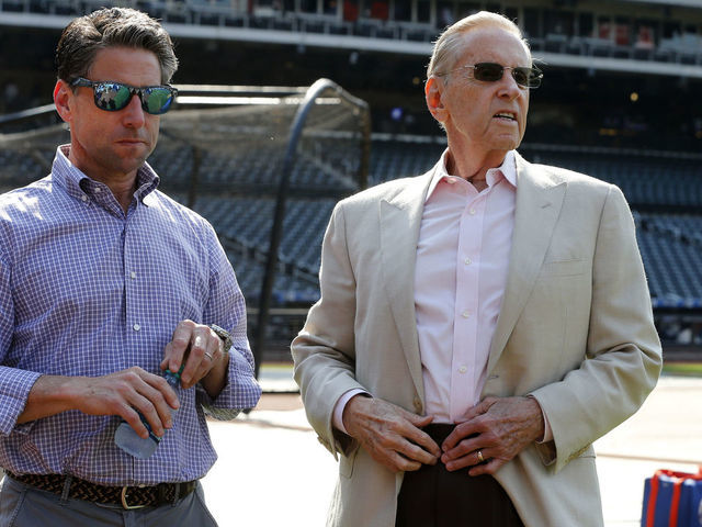 NEW YORK, NEW YORK - JUNE 28: (NEW YORK DAILIES OUT) New York Mets COO Jeff Wilpon (L) and majority owner Fred Wilpon during batting practice before a game against the Atlanta Braves at Citi Field on Friday, June 28, 2019 in the Queens borough of New York City. The Braves defeated the Mets 6-2.