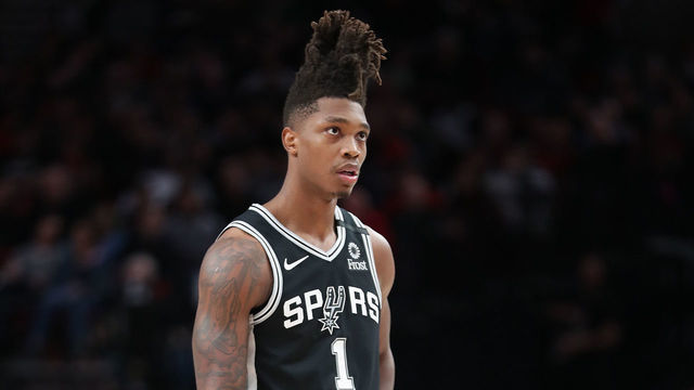 PORTLAND, OREGON - FEBRUARY 06: Lonnie Walker IV #1 of the San Antonio Spurs reacts in the first quarter against the Portland Trail Blazers during their game at Moda Center on February 06, 2020 in Portland, Oregon.
