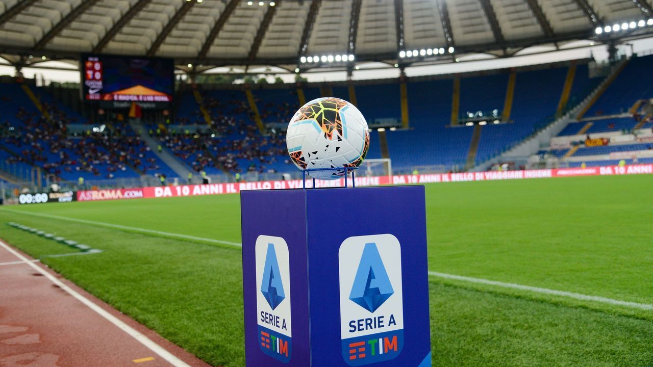ROME, ITALY - AUGUST 25: An official Nike Serie A ball over a pedestal with Serie A league Logo is seen ahead of the Serie A match between AS Roma and Genoa CFC at Stadio Olimpico on August 25, 2019 in Rome, Italy.
