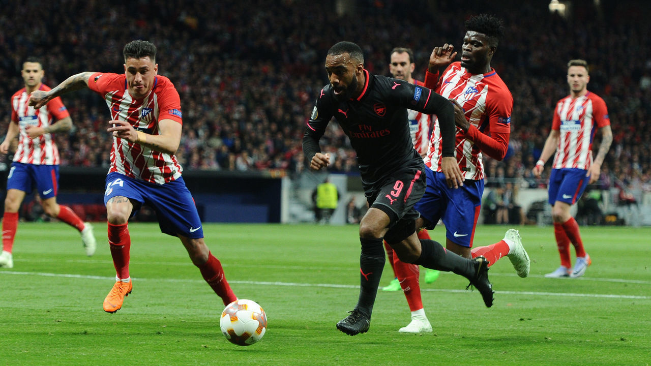 MADRID, SPAIN - MAY 3: Alexandre Lacazette, #9 of Arsenal during the UEFA Europa League Semi Final Second Leg match between Club Atletico Madrid and Arsenal FC at Wanda Metropolitano on May 3, 2018 in Madrid, Spain.