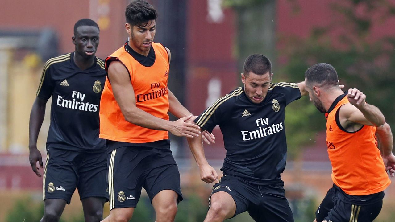 MONTREAL, QC - JULY 12: Eden Hazard (C), Marco Asensio (L) and Dani Carvajal 0f Real Madrid fight for the ball during the preseason in Montreal, on July 12, 2019 in Montreal, Canada.