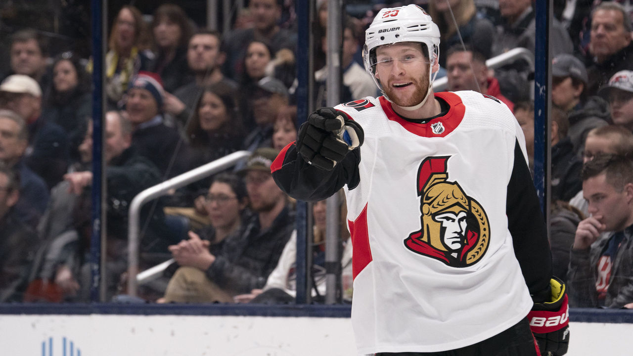 COLUMBUS, OH - FEBRUARY 24: Ottawa Senators right wing Connor Brown (28) celebrates a goal during the game between the Columbus Blue Jackets and the Ottawa Senators at Nationwide Arena in Columbus, Ohio on February 24, 2020.