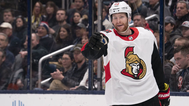 COLUMBUS, OH - FEBRUARY 24: Ottawa Senators right wing Connor Brown (28) celebrates a goal during the game between the Columbus Blue Jackets and the Ottawa Senators at Nationwide Arena in Columbus, Ohio on February 24, 2020.