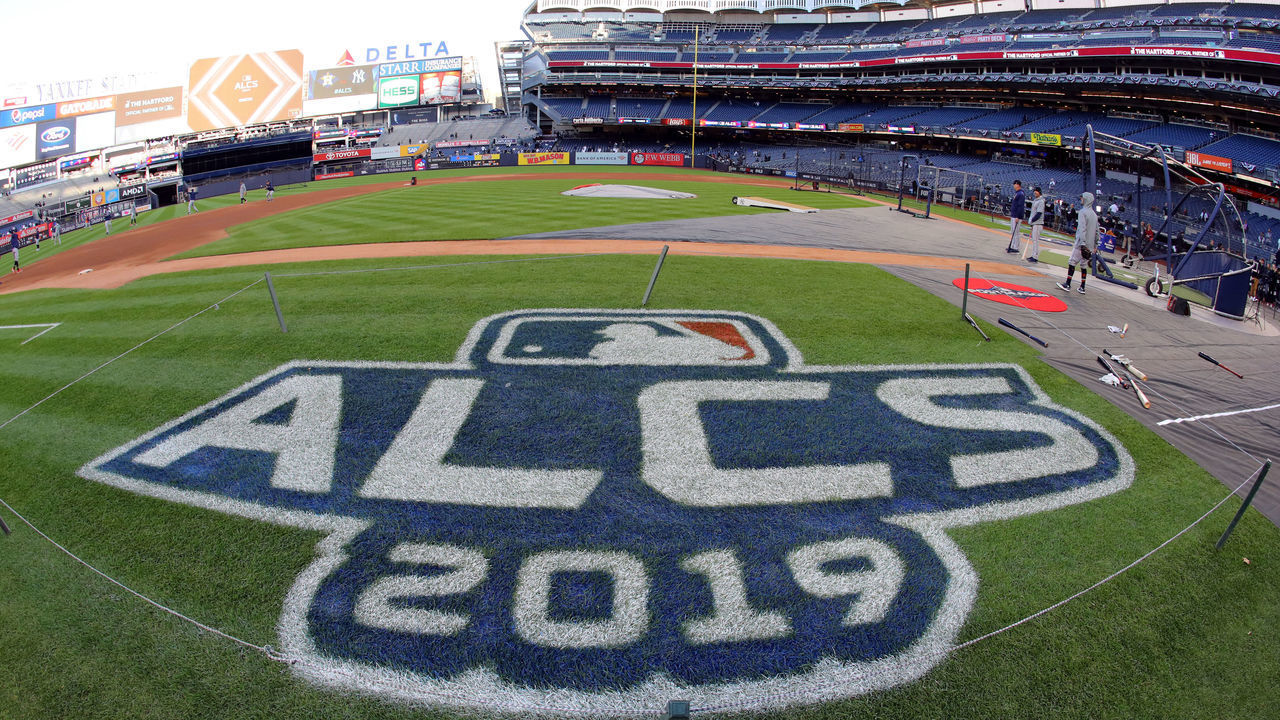 BRONX, NY - OCTOBER 18: (EDITORS NOTE: A Fisheye lens was used for this image) A general view of the 2019 ALCS logo on the field prior to Game 5 of the ALCS between the Houston Astros and the New York Yankees at Yankee Stadium on Friday, October 18, 2019 in the Bronx borough of New York City.