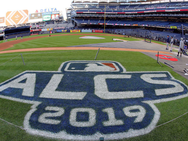 BRONX, NY - OCTOBER 18: (EDITORS NOTE: A Fisheye lens was used for this image) A general view of the 2019 ALCS logo on the field prior to Game 5 of the ALCS between the Houston Astros and the New York Yankees at Yankee Stadium on Friday, October 18, 2019 in the Bronx borough of New York City.