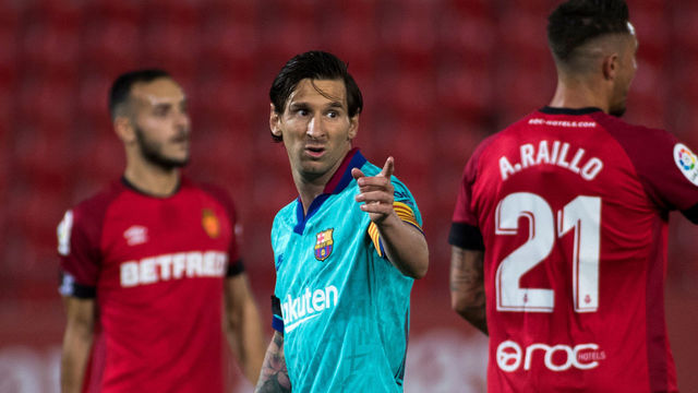 Barcelona's Argentine forward Lionel Messi gestures during the Spanish League football match between RCD Mallorca and FC Barcelona at the Visit Mallorca stadium (Son Moix stadium) in Palma de Mallorca on June 13, 2020.