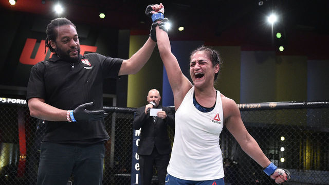 LAS VEGAS, NEVADA - JUNE 13: Cynthia Calvillo reacts after her decision victory over Jessica Eye in their flyweight fight during the UFC Fight Night event at UFC APEX on June 13, 2020 in Las Vegas, Nevada.