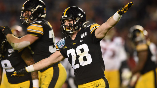 SAN DIEGO, CA - DECEMBER 27: Iowa Hawkeyes defensive back Jack Koerner (28) celebrates after a missed field goal by USC during the Holiday Bowl game between the USC Trojans and the Iowa Hawkeyes on December 27, 2019, at SDCCU Stadium in San Diego, CA.