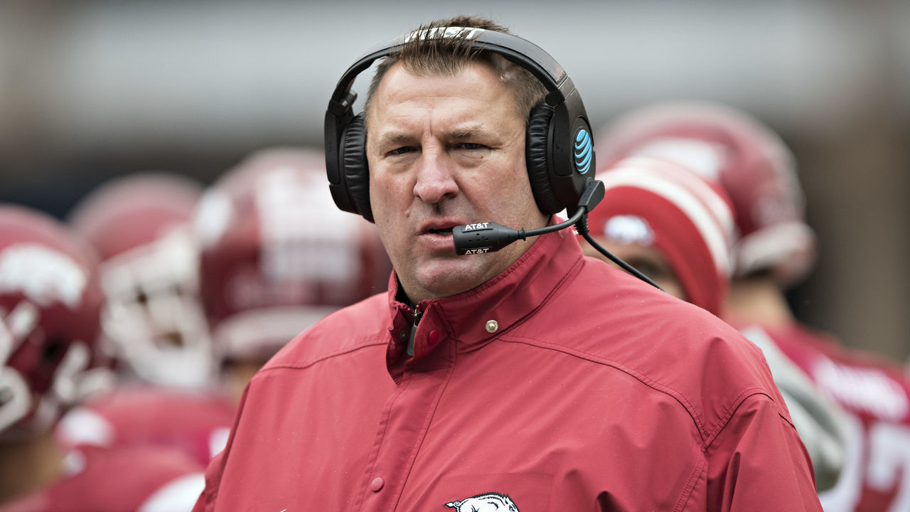 FAYETTEVILLE, AR - NOVEMBER 18: Head Coach Bret Bielema of the Arkansas Razorbacks on the sidelines during a game against the Mississippi State Bulldogs at Razorback Stadium on November 18, 2017 in Fayetteville, Arkansas. The Bulldogs defeated the Razorbacks 28-21.