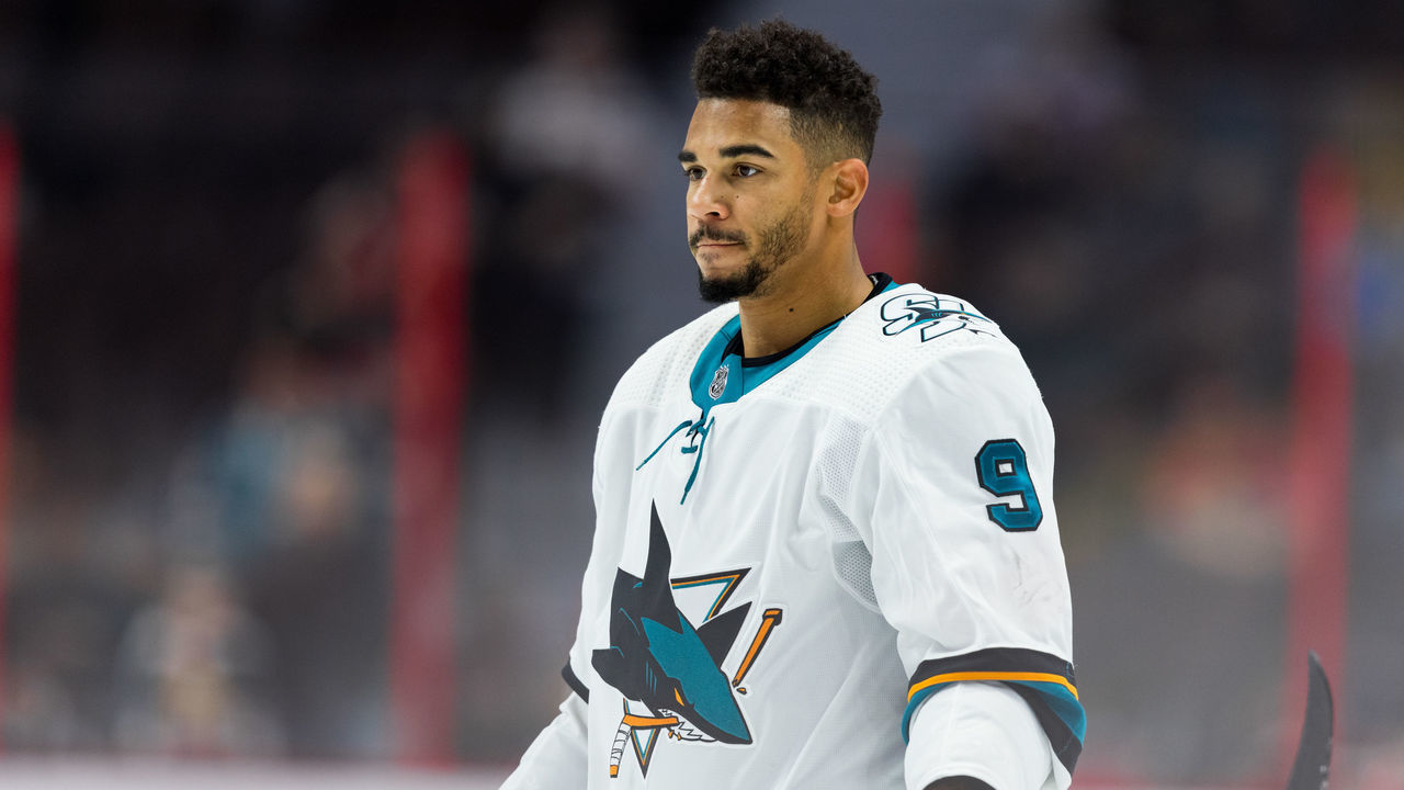 OTTAWA, ON - OCTOBER 27: San Jose Sharks left wing Evander Kane (9) during warm-up before National Hockey League action between the San Jose Sharks and Ottawa Senators on October 27, 2019, at Canadian Tire Centre in Ottawa, ON, Canada.