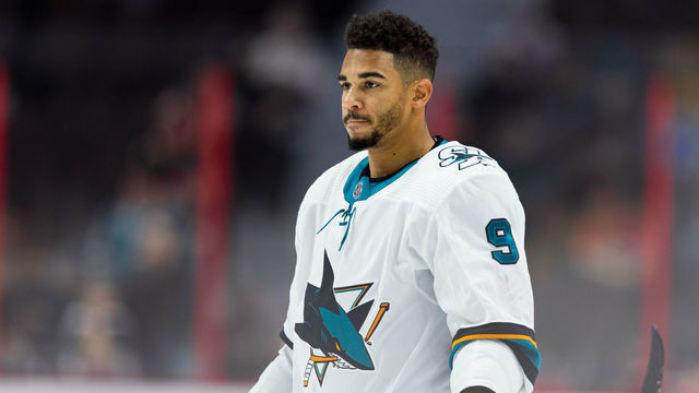 OTTAWA, ON - OCTOBER 27: San Jose Sharks left wing Evander Kane (9) during warm-up before National Hockey League action between the San Jose Sharks and Ottawa Senators on October 27, 2019, at Canadian Tire Centre in Ottawa, ON, Canada.