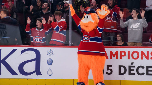 MONTREAL, QC - OCTOBER 17: Youppi celebrates after the third period of the NHL game between the Minnesota Wilds and the Montreal Canadiens on October 17, 2019, at the Bell Centre in Montreal, QC