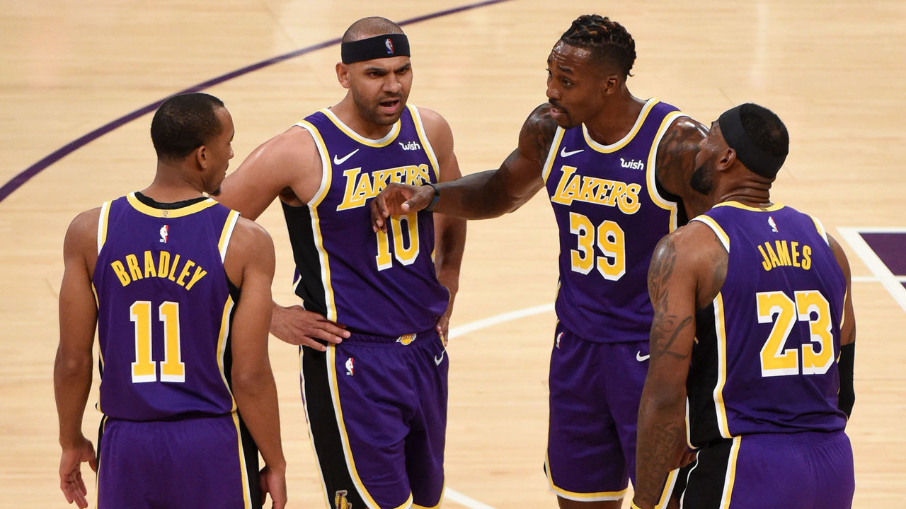 LOS ANGELES, CA - OCTOBER 25: The Los Angeles Lakers huddle up during a game against the Utah Jazz on October 25, 2019 at STAPLES Center in Los Angeles, California. NOTE TO USER: User expressly acknowledges and agrees that, by downloading and/or using this Photograph, user is consenting to the terms and conditions of the Getty Images License Agreement. Mandatory Copyright Notice: Copyright 2019 NBAE