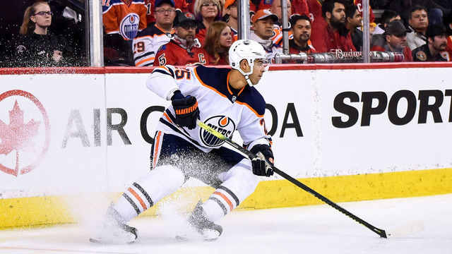 CALGARY, AB - JANUARY 11: Edmonton Oilers Defenceman Darnell Nurse (25) skates with the puck in his zone during the second period of an NHL game where the Calgary Flames hosted the Edmonton Oilers on January 11, 2020, at the Scotiabank Saddledome in Calgary, AB.
