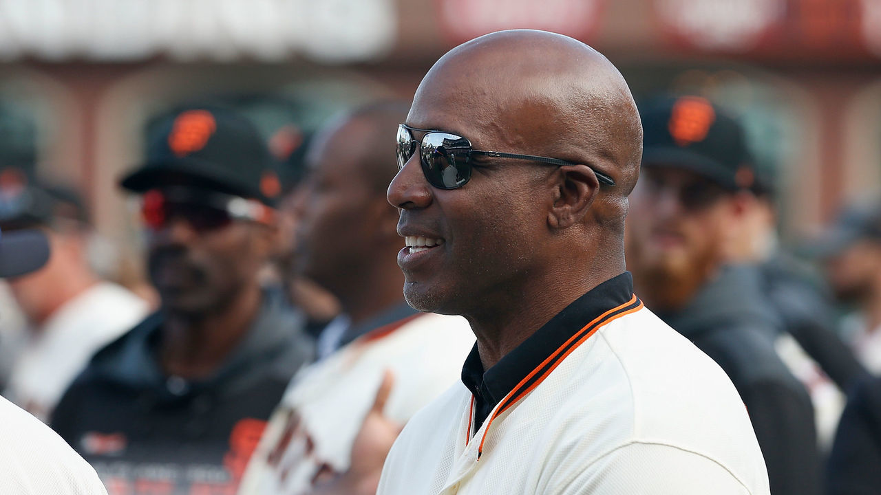 SAN FRANCISCO, CALIFORNIA - SEPTEMBER 29: Former San Francisco Giants player Barry Bonds looks on during a ceremony celebrating the career of retiring manager Bruce Bochy #15 of the San Francisco Giants after the game between the Los Angeles Dodgers and the San Francisco Giants at Oracle Park on September 29, 2019 in San Francisco, California.