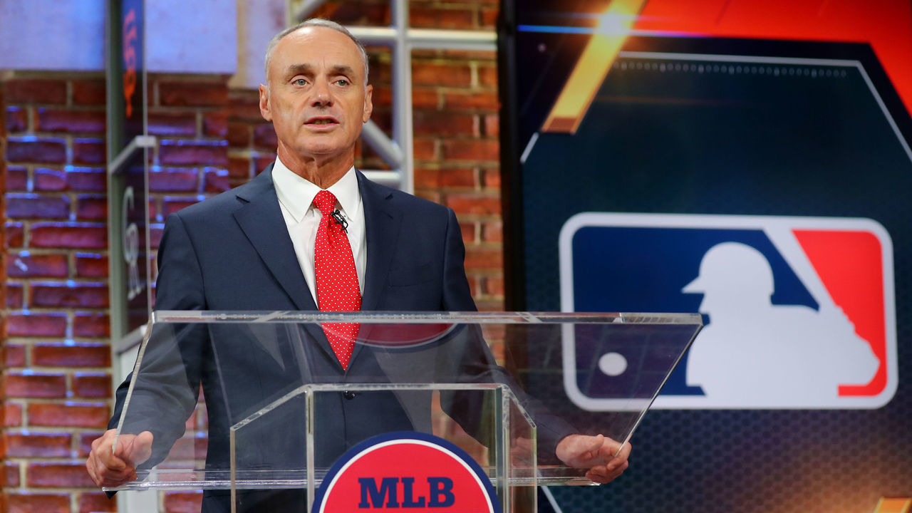 SECAUCUS, NJ - JUNE 10: Major League Baseball Commissioner Robert D. Manfred Jr. makes an opening statement during the 2020 Major League Baseball Draft at MLB Network on Wednesday, June 10, 2020 in Secaucus, New Jersey.