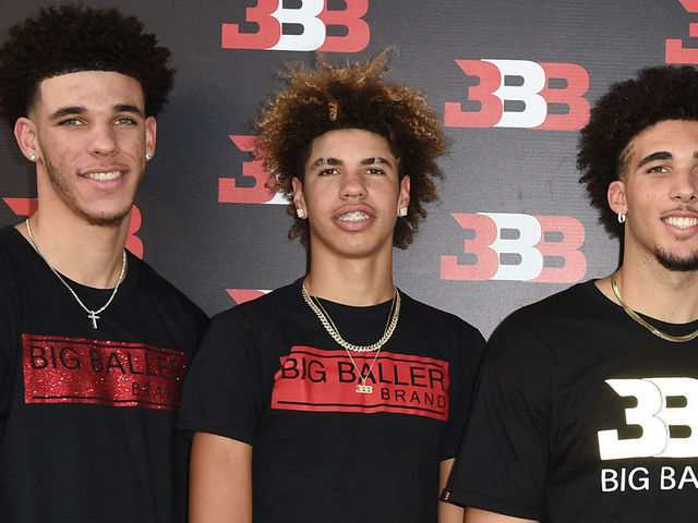 CHINO, CA - SEPTEMBER 02: (L-R) Lonzo Ball, LaMelo Ball, LiAngelo Ball and Darren Moore attend Melo Ball's 16th Birthday on September 2, 2017 in Chino, California.
