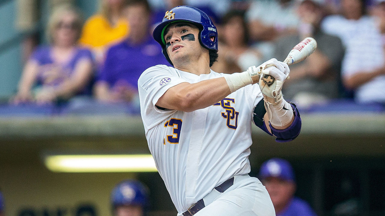 BATON ROUGE, LA - MAY 31: LSU Tigers catcher Saul Garza (13) hits a pitch during a game between the LSU Tigers and the Stony Brook Sea Wolves during the NCAA Division I Baton Rouge Regional Game on May 31, 2019, at Alex Box Stadium in Baton Rouge, LA.
