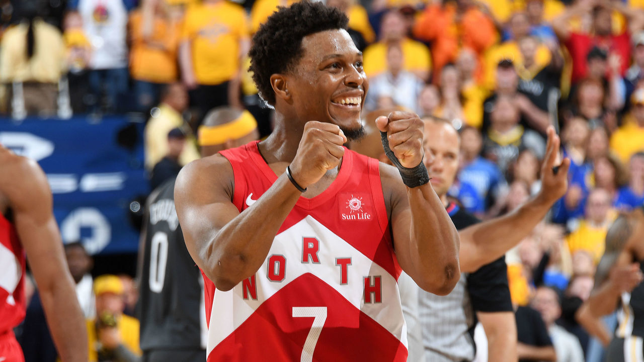 OAKLAND, CA - JUNE 13: Kyle Lowry #7 of the Toronto Raptors celebrates during Game Six of the NBA Finals against the Golden State Warriors on June 13, 2019 at ORACLE Arena in Oakland, California. NOTE TO USER: User expressly acknowledges and agrees that, by downloading and/or using this photograph, user is consenting to the terms and conditions of Getty Images License Agreement. Mandatory Copyright Notice: Copyright 2019 NBAE