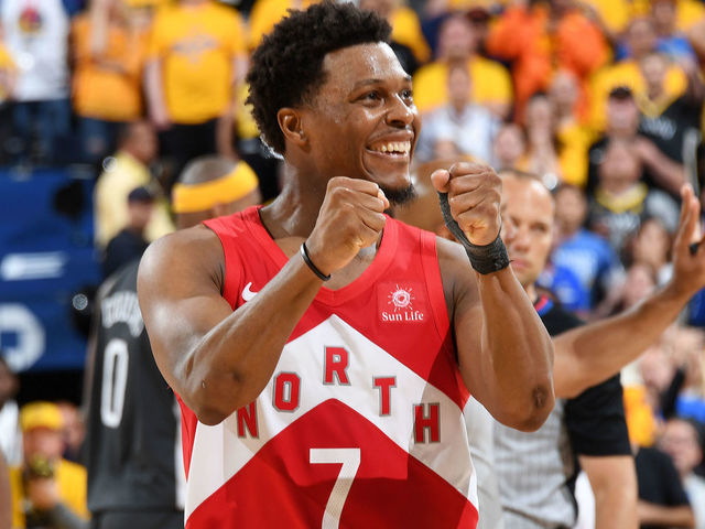 OAKLAND, CA - JUNE 13: Kyle Lowry #7 of the Toronto Raptors celebrates during Game Six of the NBA Finals against the Golden State Warriors on June 13, 2019 at ORACLE Arena in Oakland, California. NOTE TO USER: User expressly acknowledges and agrees that, by downloading and/or using this photograph, user is consenting to the terms and conditions of Getty Images License Agreement. Mandatory Copyright Notice: Copyright 2019 NBAE
