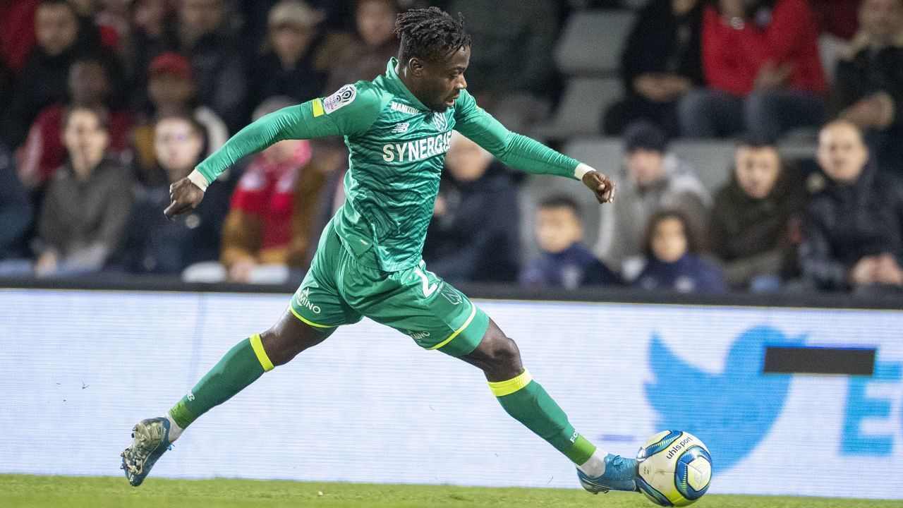 NIMES, FRANCE - December 14: Moses Simon #27 of Nantes in action during the Nimes V Nantes, French Ligue 1, regular season match at Stade des Costieres on December 14th 2019, Nimes, France