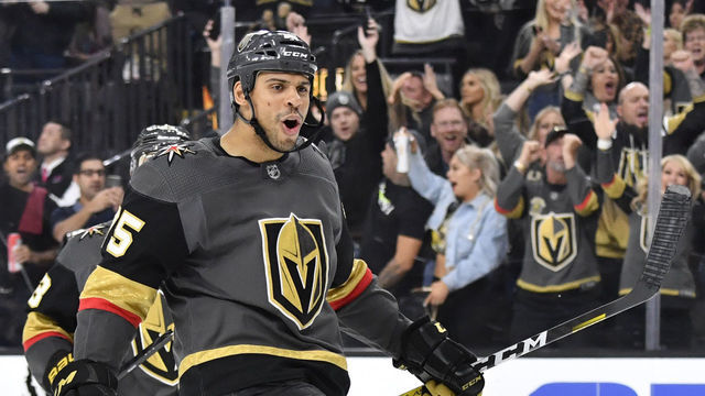 LAS VEGAS, NEVADA - MARCH 03: Ryan Reaves #75 of the Vegas Golden Knights celebrates after scoring a goal during the third period against the New Jersey Devils at T-Mobile Arena on March 03, 2020 in Las Vegas, Nevada.