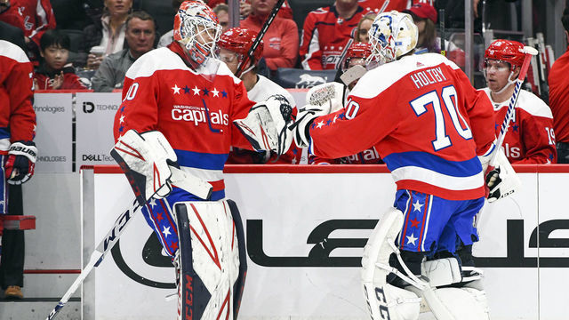 WASHINGTON, DC - FEBRUARY 10: Washington Capitals goaltender Braden Holtby (70) replaces goaltender Ilya Samsonov (30) in the second period in the game against the New York Islanders on February 10, 2020 at the Capital One Arena in Washington, D.C.