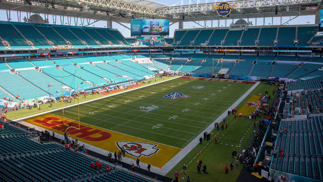 MIAMI GARDENS, FLORIDA - FEBRUARY 2: An empty Hard Rock Stadium braces for Super Bowl LIV, in Miami Gardens, Fla., on Sunday, Feb. 2, 2020. (Karl Mondon/MediaNews Group/The Mercury News via Getty Images)