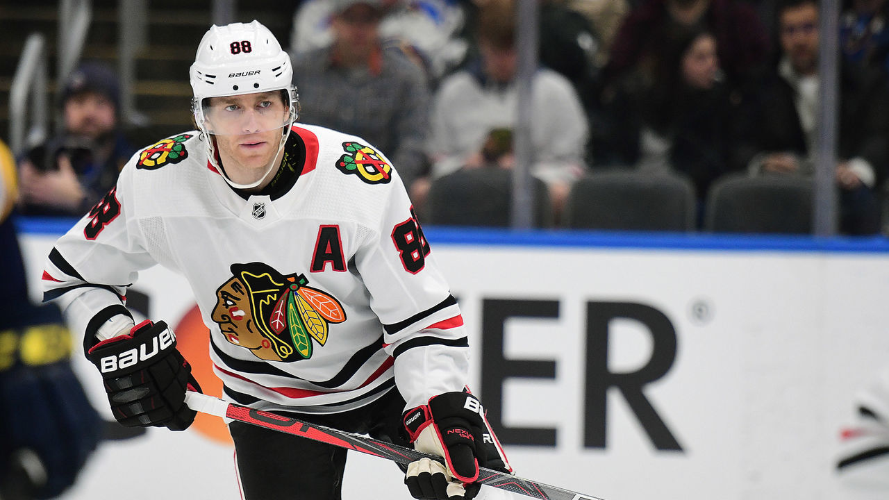 ST. LOUIS, MO - FEBRUARY 25: Chicago Blackhawks rightwing Patrick Kane (88) during an NHL game between the Chicago Blackhawks and the St. Louis Blues, on February 25, 2020, at Enterprise Center, St. Louis, MO. Photo by Keith Gillett/Icon Sportswire via Getty Images)