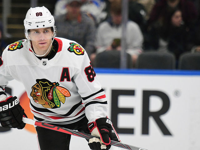 ST. LOUIS, MO - FEBRUARY 25: Chicago Blackhawks rightwing Patrick Kane (88) during an NHL game between the Chicago Blackhawks and the St. Louis Blues, on February 25, 2020, at Enterprise Center, St. Louis, MO. Photo by Keith Gillett/Icon Sportswire via Getty Images)